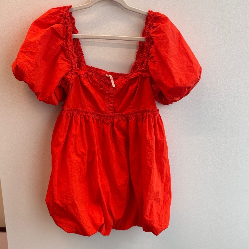 Free People Midi Bubble Vibrant Orange Puff Sleeve Dress Size S